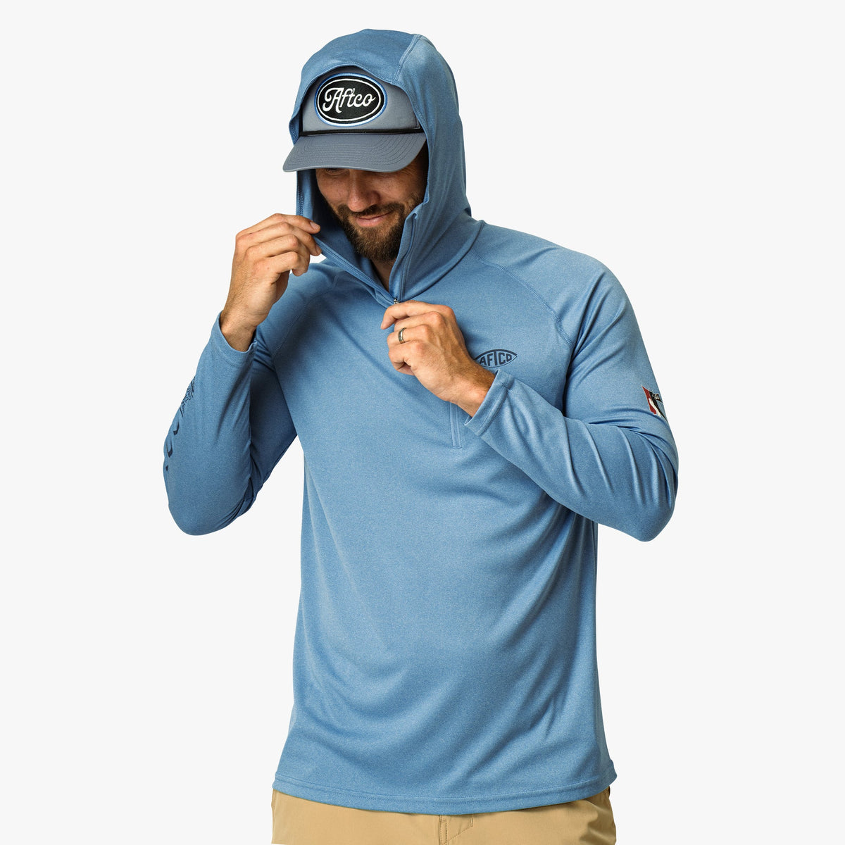 Blue Shadow Heather Jason Christie's Hooded LS Bass Fishing Performance Shirt / AFTCO Popular