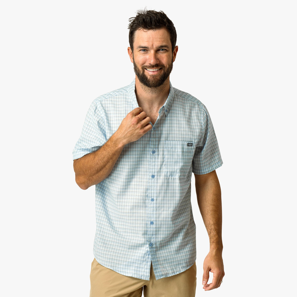 Aqua Glass Dorsal Short Sleeve Button Down Shirt / AFTCO Latest