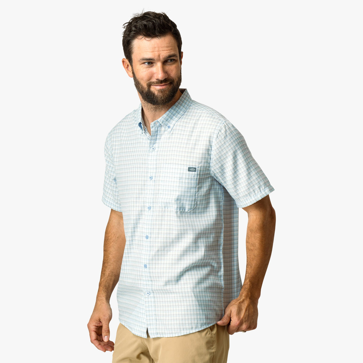 Aqua Glass Dorsal Short Sleeve Button Down Shirt / AFTCO Latest