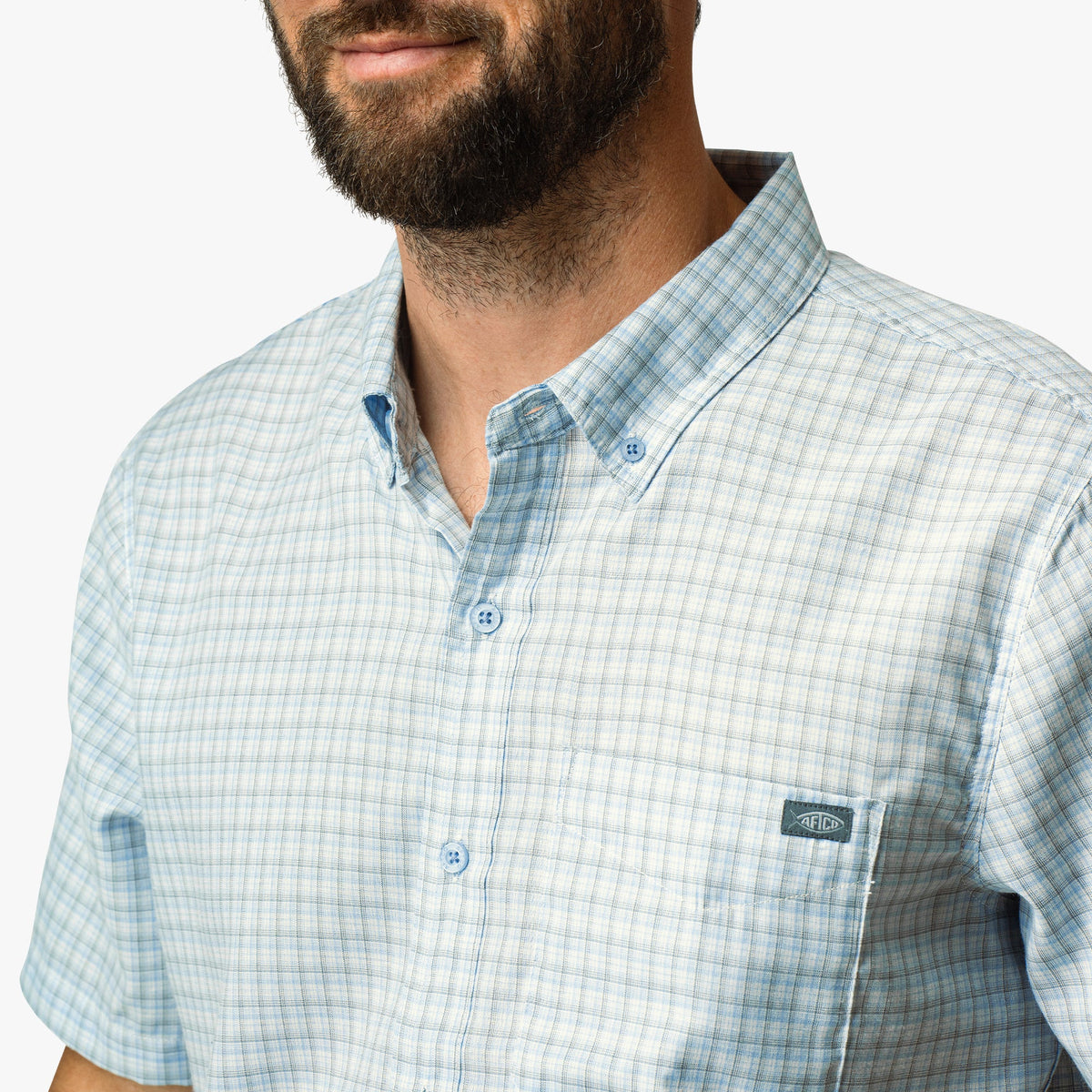 Aqua Glass Dorsal Short Sleeve Button Down Shirt / AFTCO Latest
