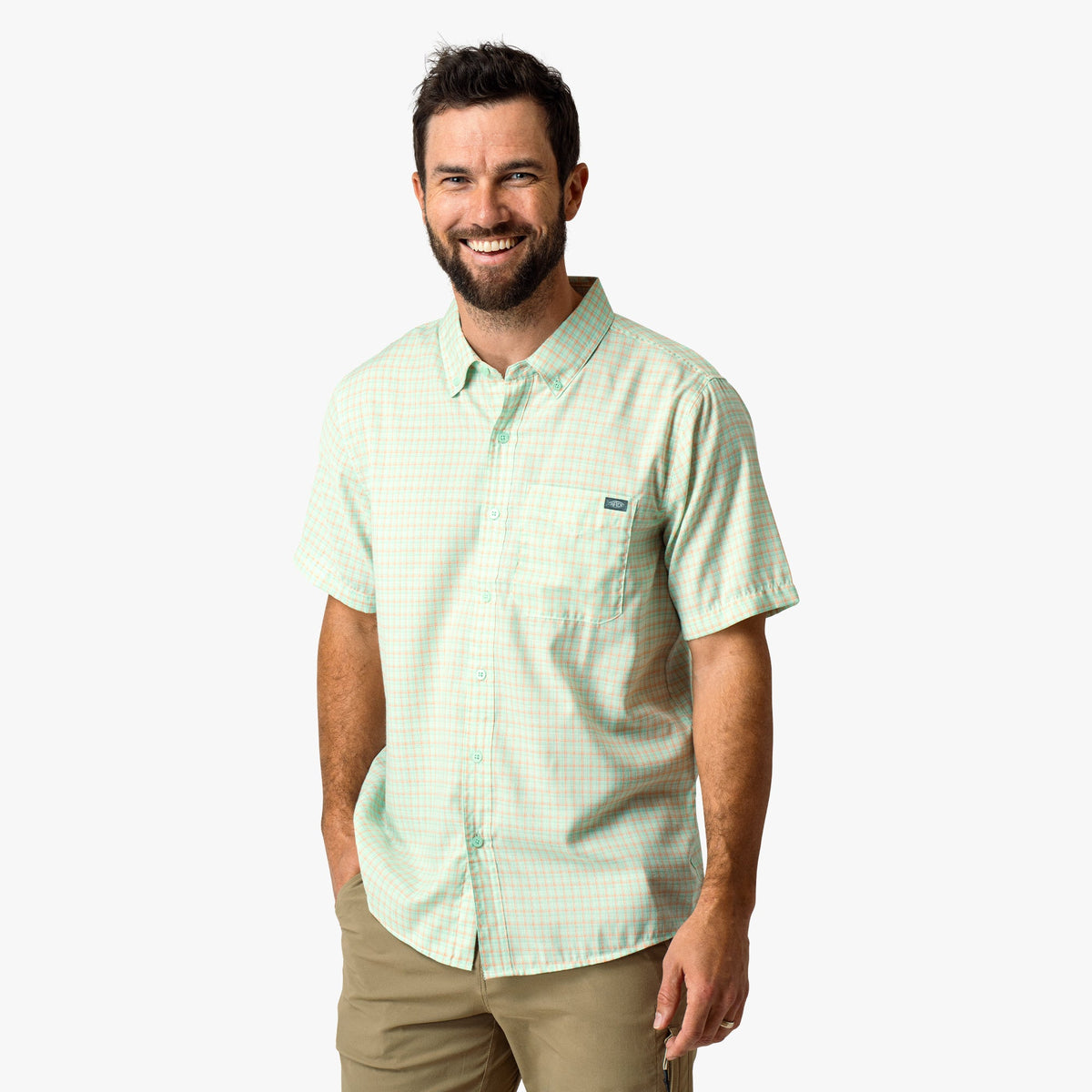 Aqua Glass Dorsal Short Sleeve Button Down Shirt / AFTCO Latest