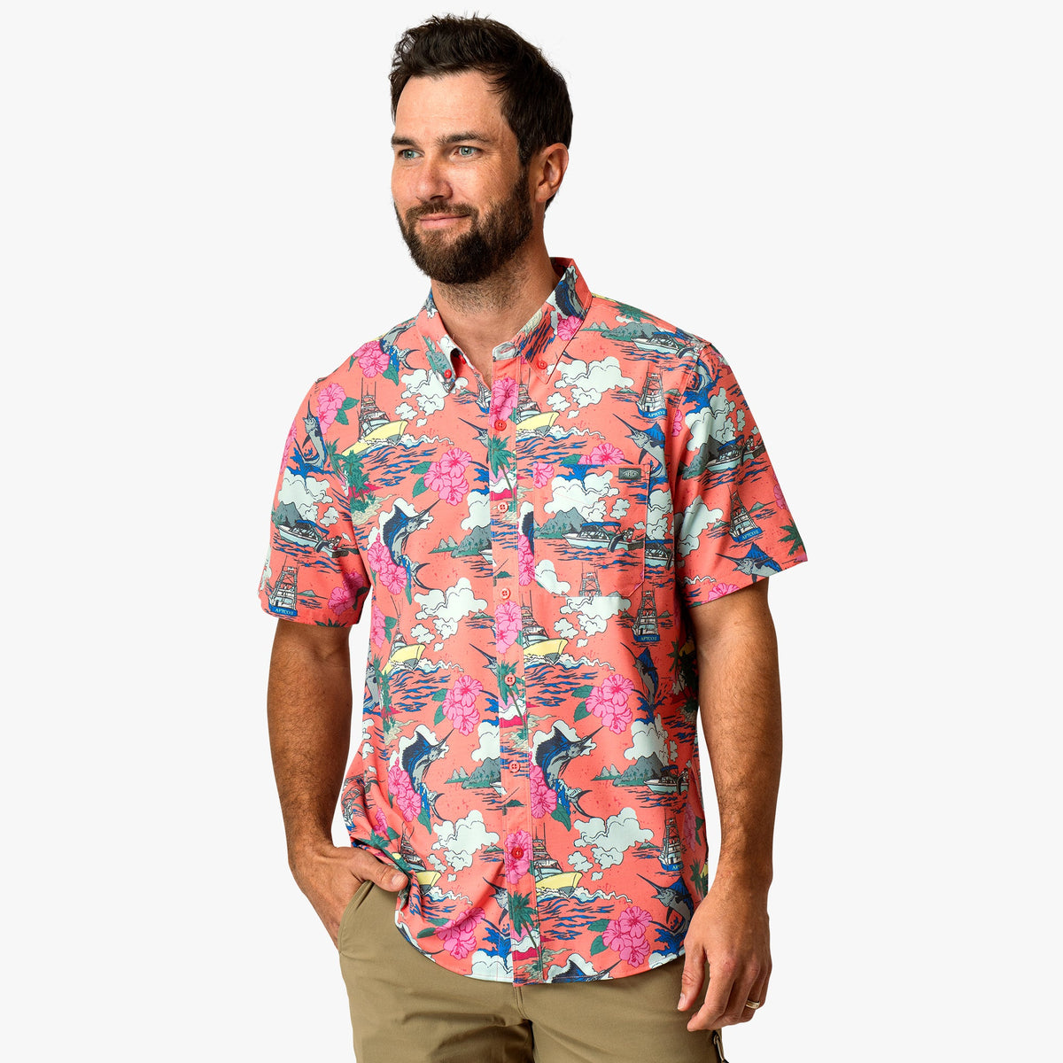 Conch Boatbar Printed Button Down Fishing Shirt / AFTCO Discount