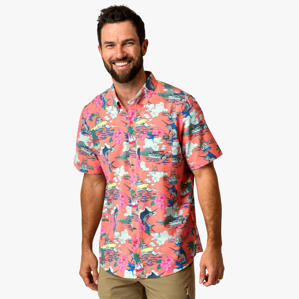 Conch Boatbar Printed Button Down Fishing Shirt / AFTCO Discount