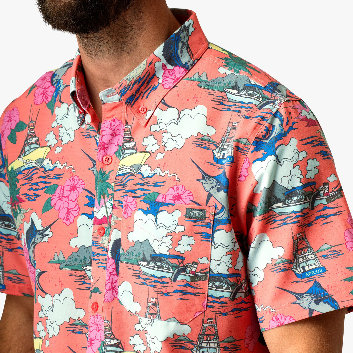 Conch Boatbar Printed Button Down Fishing Shirt / AFTCO Discount