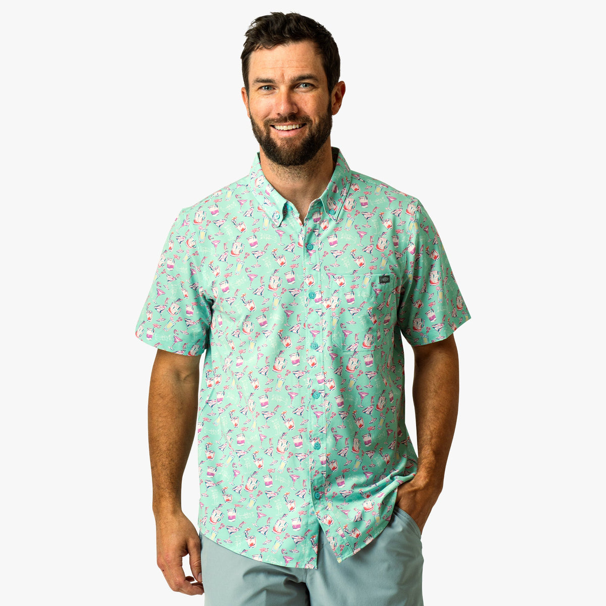 Aqua Glass Boatbar Printed Button Down Fishing Shirt / AFTCO Essential