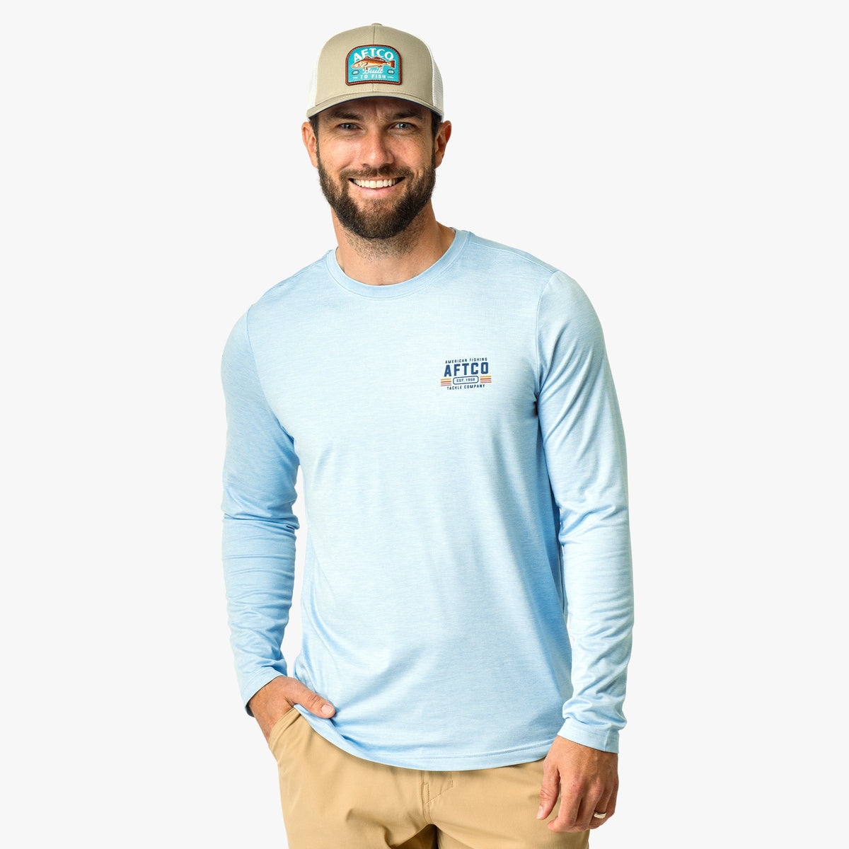 Airy Blue Heather License Plate Long Sleeve Sun Protection Shirt / AFTCO Customer Favorite