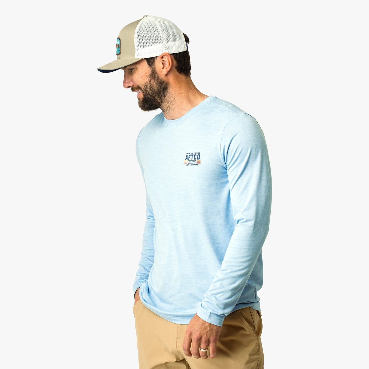 Airy Blue Heather License Plate Long Sleeve Sun Protection Shirt / AFTCO Customer Favorite