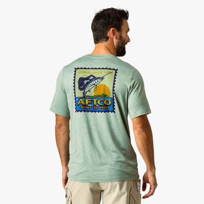 Airy Blue Heather Greetings Short Sleeve Sun Protection Shirt / AFTCO Top Pick