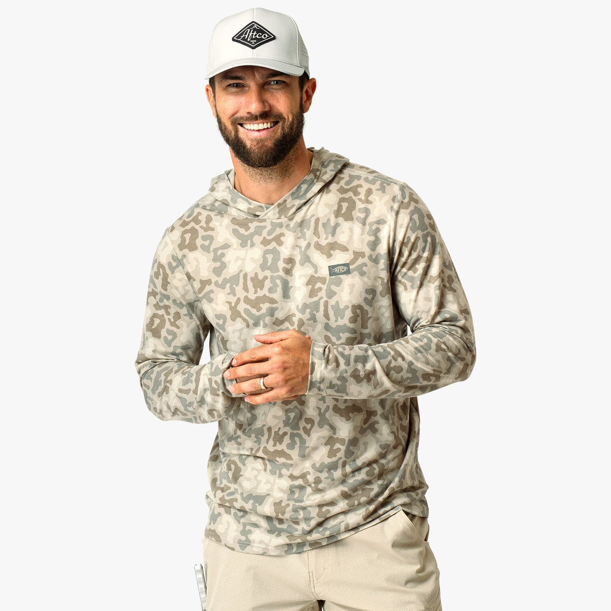Sand Grouper Camo Ocean Bound Hooded Performance Shirt / AFTCO Sale