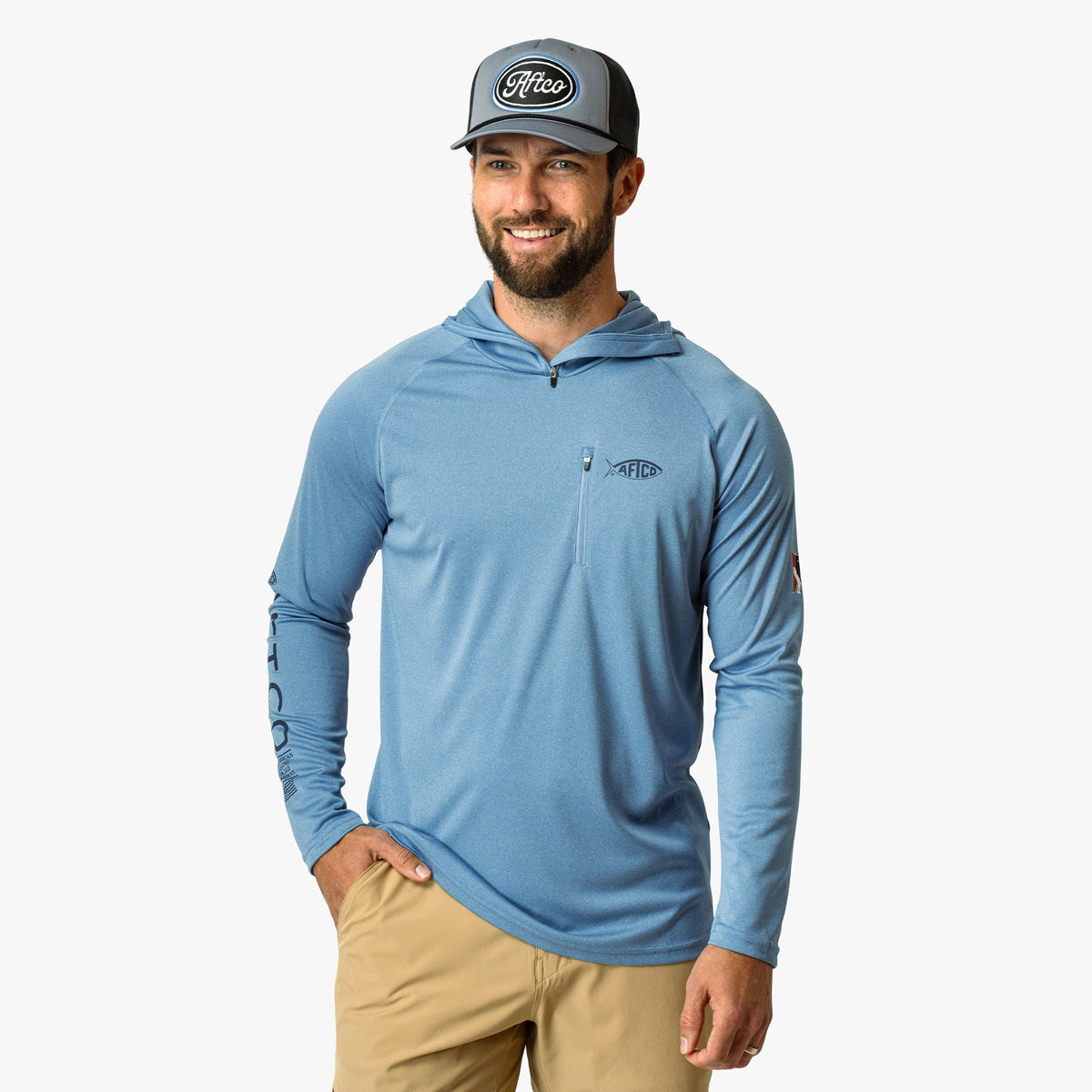 Blue Shadow Heather Jason Christie's Hooded LS Bass Fishing Performance Shirt / AFTCO Latest
