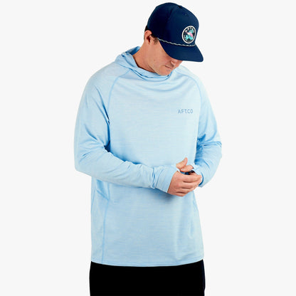 Airy Blue Heather Adapt Phase Change Hooded Fishing Shirt / AFTCO Great Value