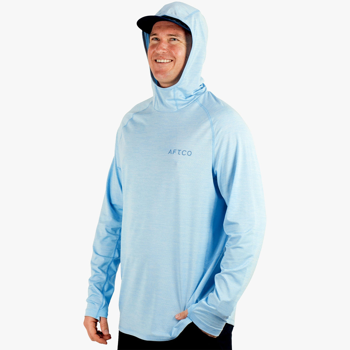 Airy Blue Heather Adapt Phase Change Hooded Fishing Shirt / AFTCO Great Value