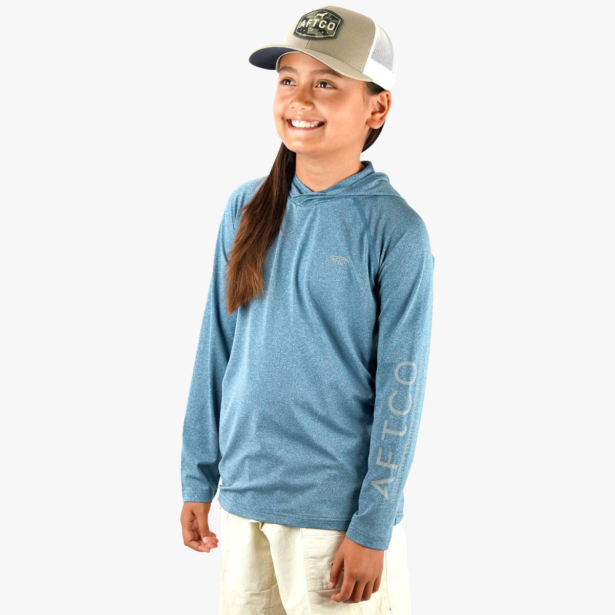 Steel Heather Youth Samurai Hood Performance LS Shirt / AFTCO Great Value
