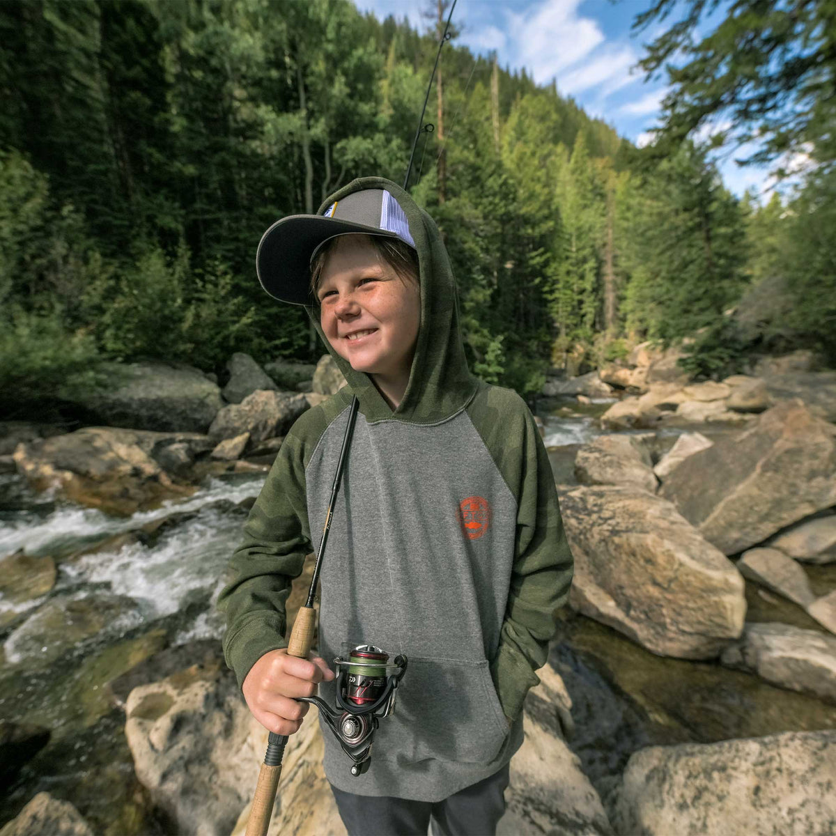 Forest Camo Youth Bass Patch Pullover Hoodie / AFTCO Signature