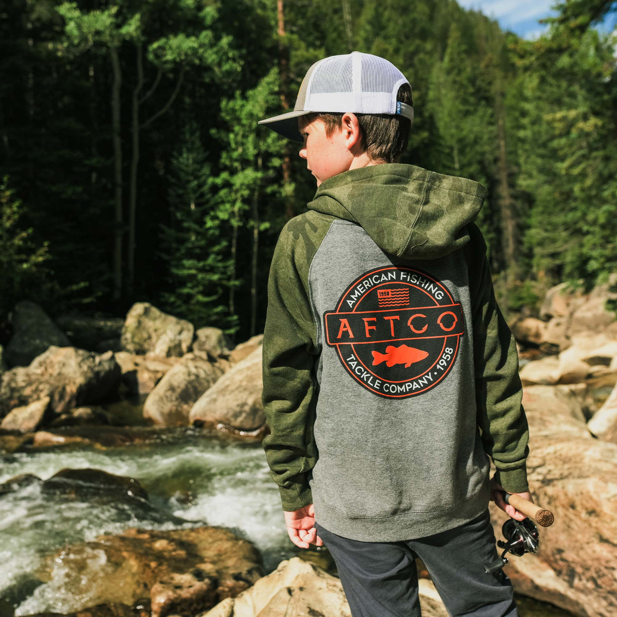 Forest Camo Youth Bass Patch Pullover Hoodie / AFTCO Signature