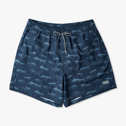 Deep Navy Strike Printed Swim Trunks / AFTCO Best Price