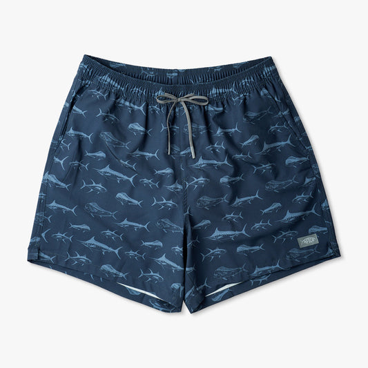 Deep Navy Strike Printed Swim Trunks / AFTCO Best Price