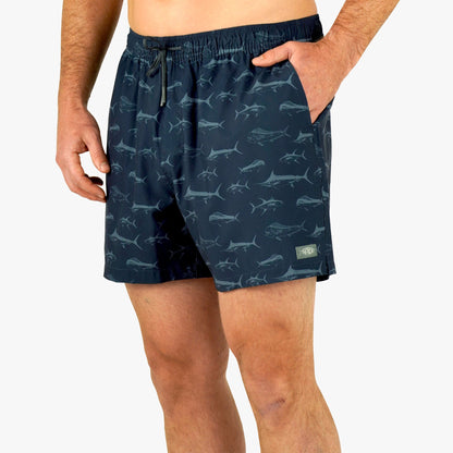 Deep Navy Strike Printed Swim Trunks / AFTCO Best Price