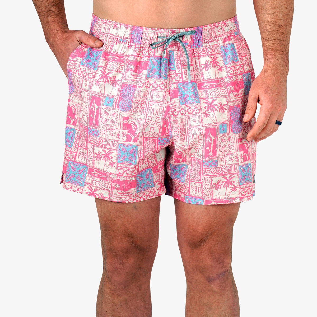 Flamingo Pink Strike Printed Swim Trunks / AFTCO Sale