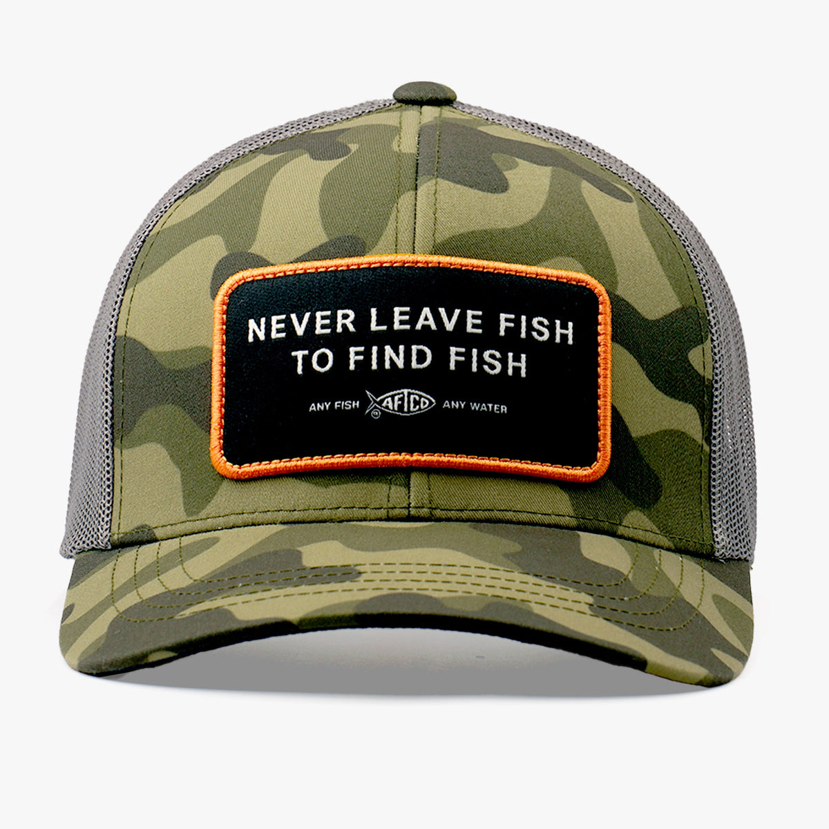 Green OG Camo Never Leave Fish to Find Fish Trucker Hat / AFTCO Everyday