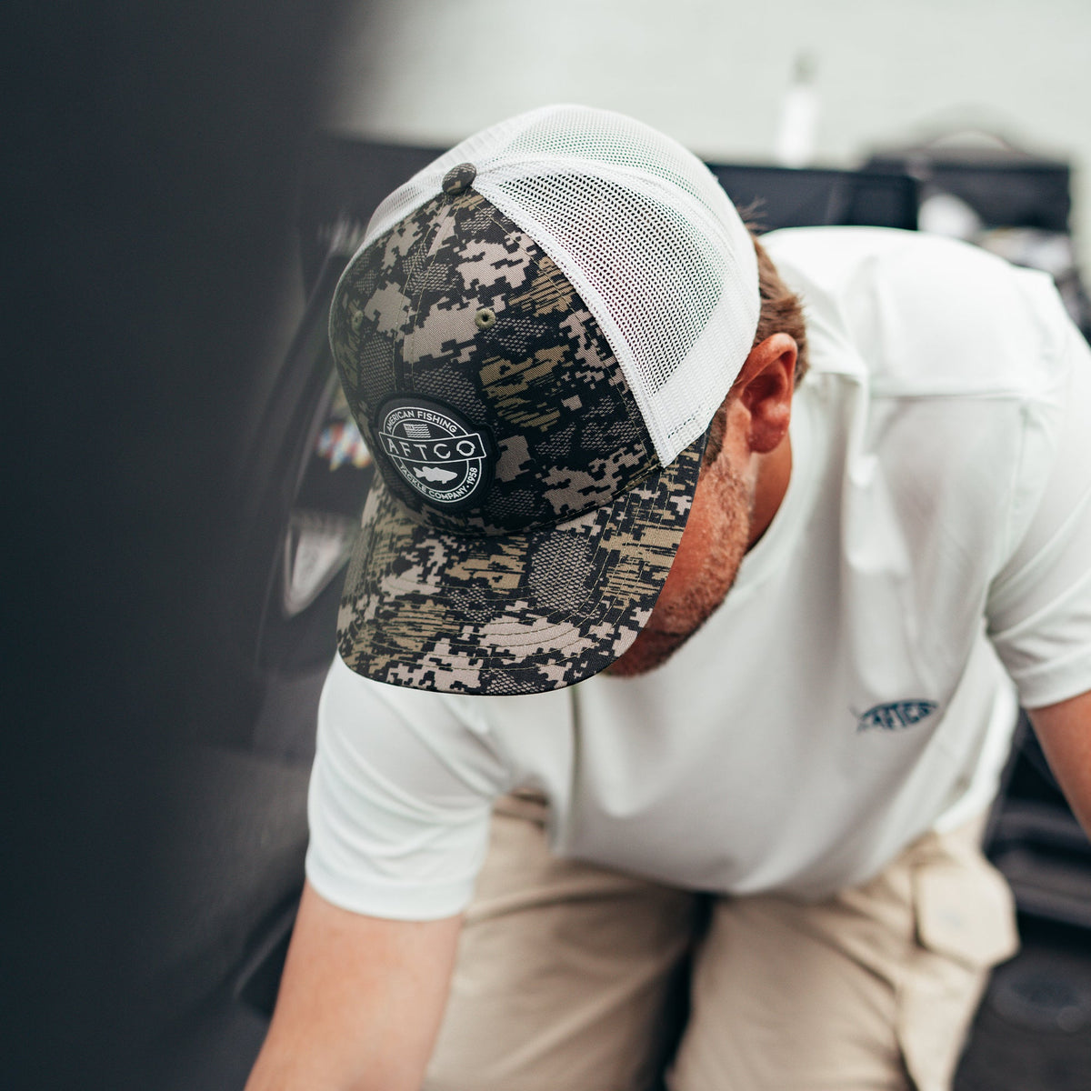Green Camo Bass Patch Trucker Hat / AFTCO Trusted