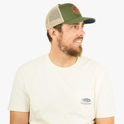 Olive Lemonade Leather Trucker Hat / AFTCO Value