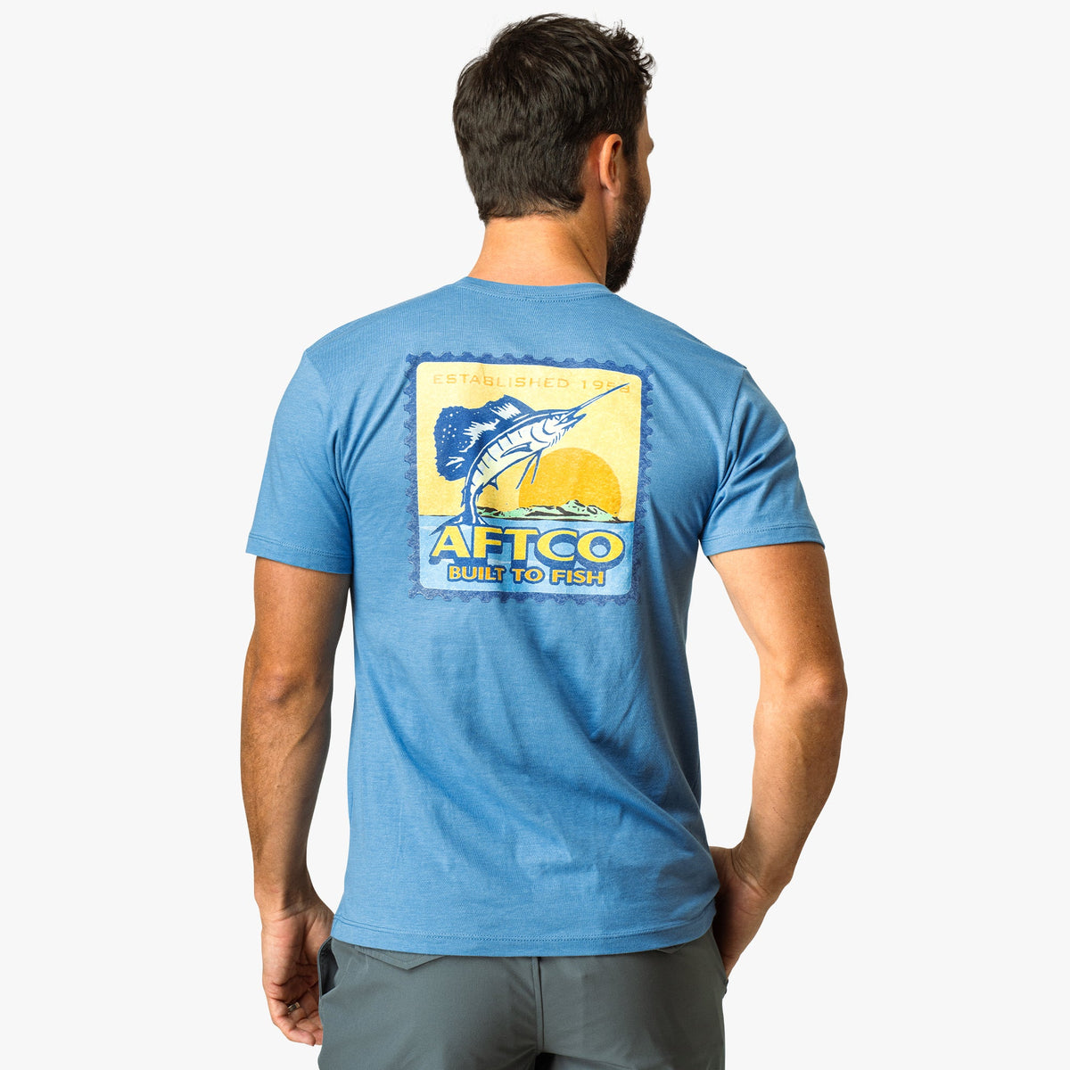Azure Heather Greetings Short Sleeve Men's Fishing T-Shirt / AFTCO Best Price