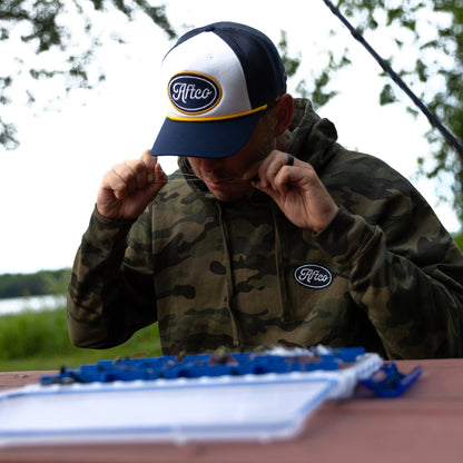 Navy Powerboat Trucker Fishing Snapback Hat / AFTCO Value