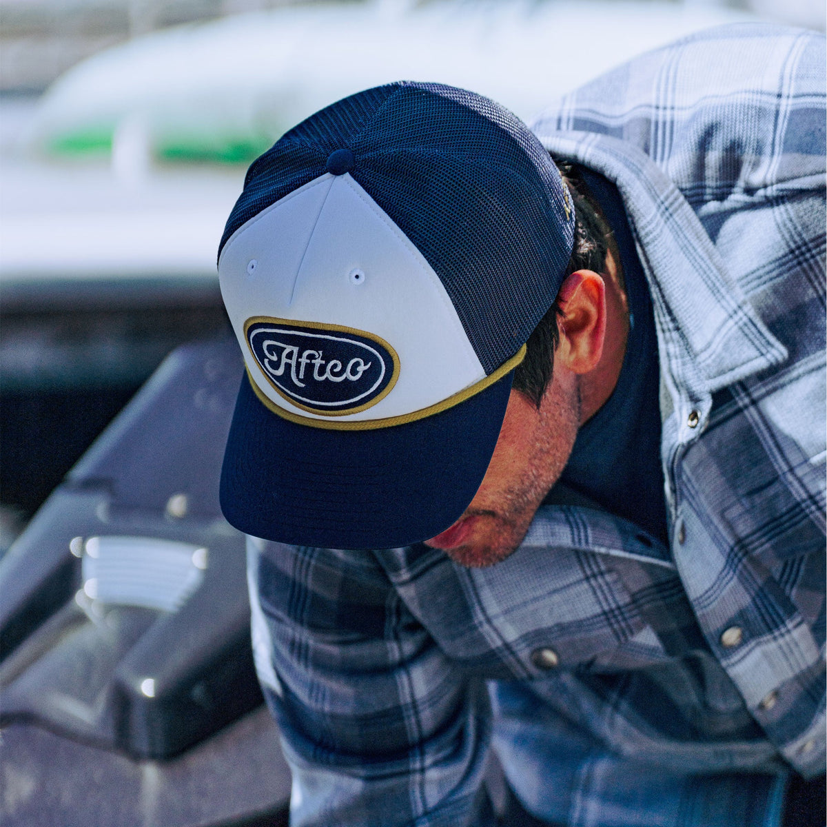 Navy Powerboat Trucker Fishing Snapback Hat / AFTCO Value