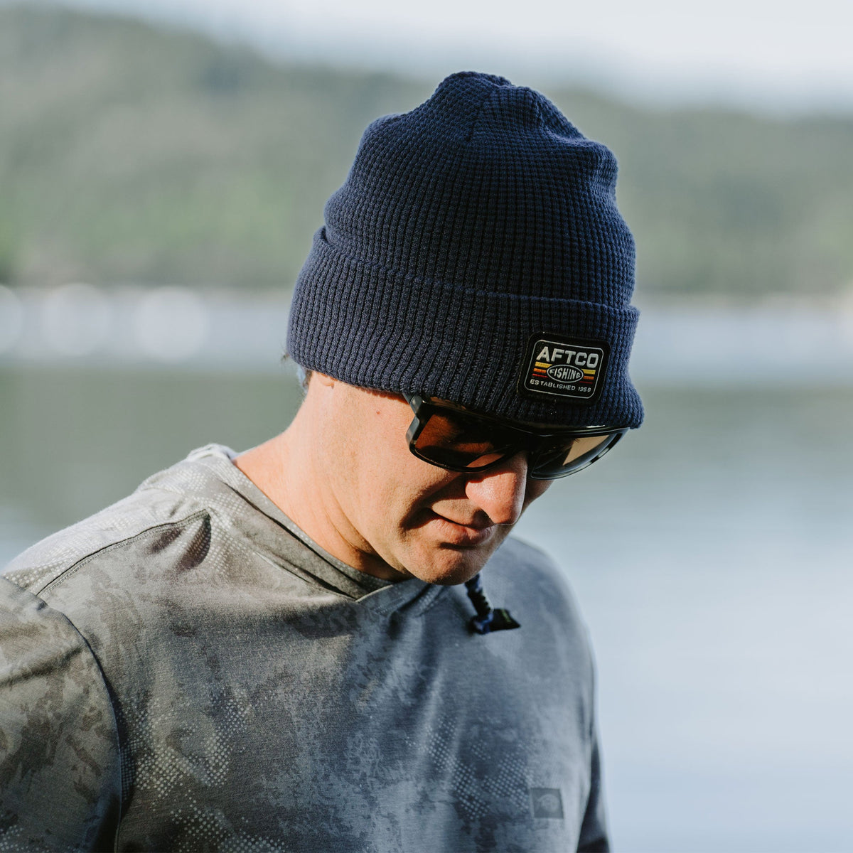 Navy Chevron Waffle Fishing Beanie / AFTCO Latest