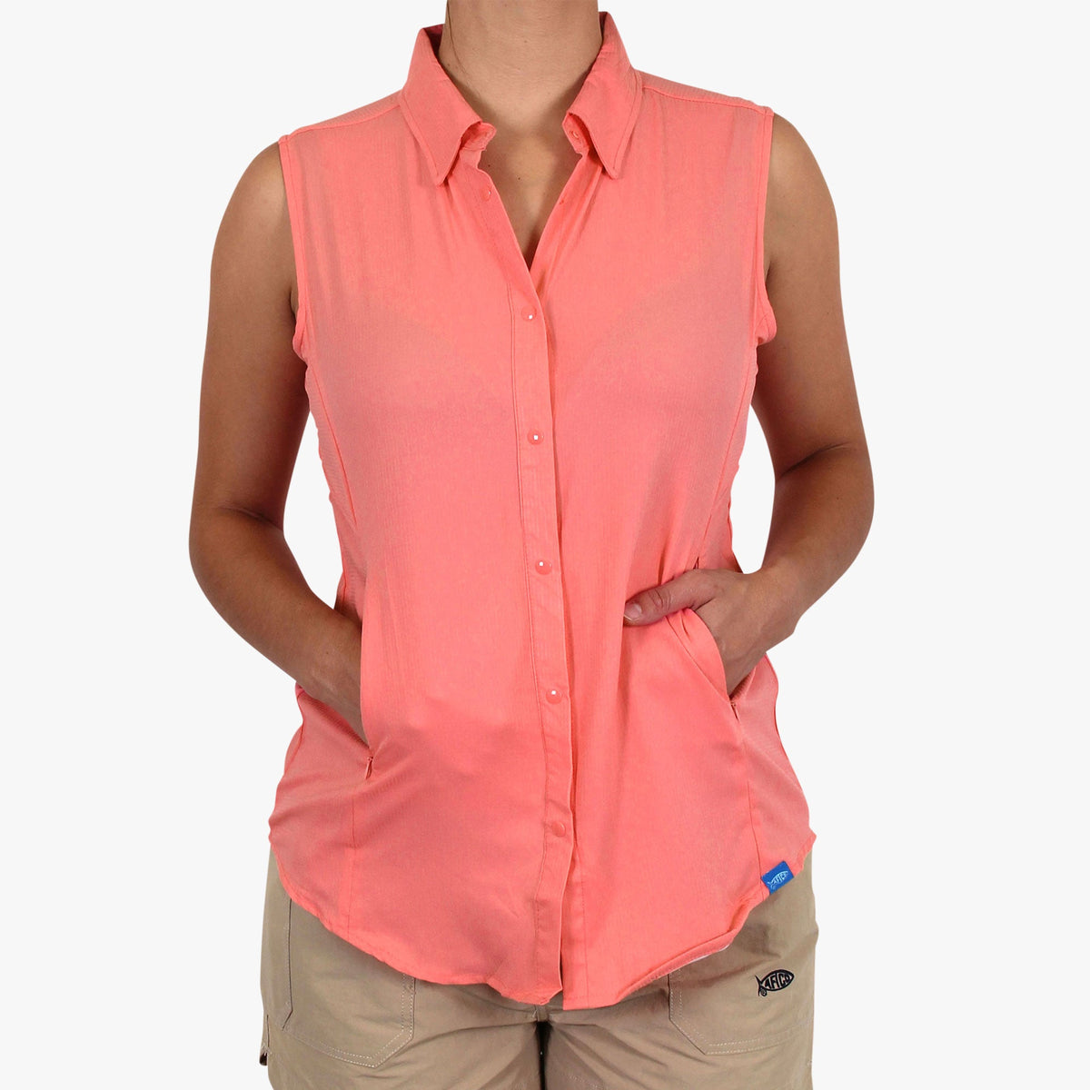 Coral Women's Wrangle Sleeveless Button Down Shirt / AFTCO Popular