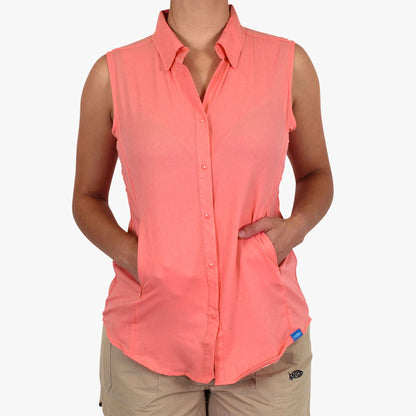 Coral Women's Wrangle Sleeveless Button Down Shirt / AFTCO Popular