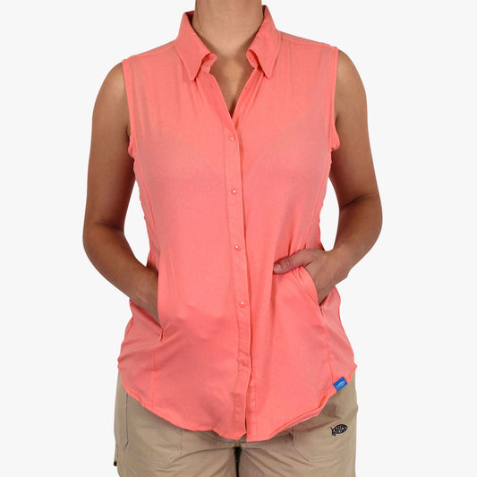 Coral Women's Wrangle Sleeveless Button Down Shirt / AFTCO Popular