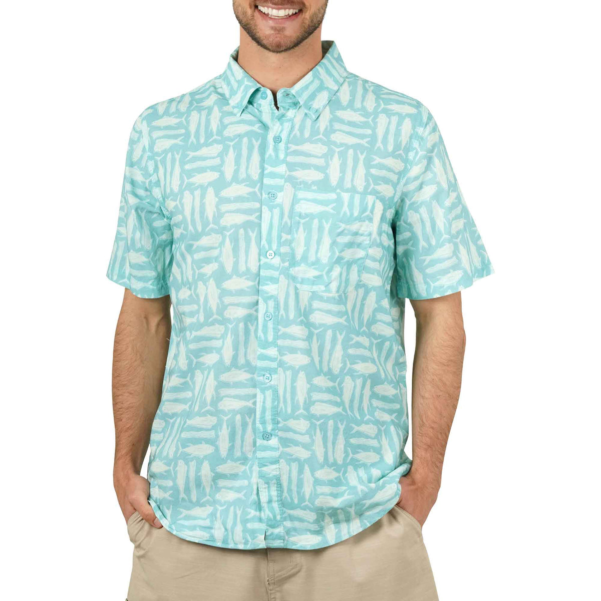 Pastel Turquoise Boatbar SS Button Down Fishing Shirt / AFTCO Sale