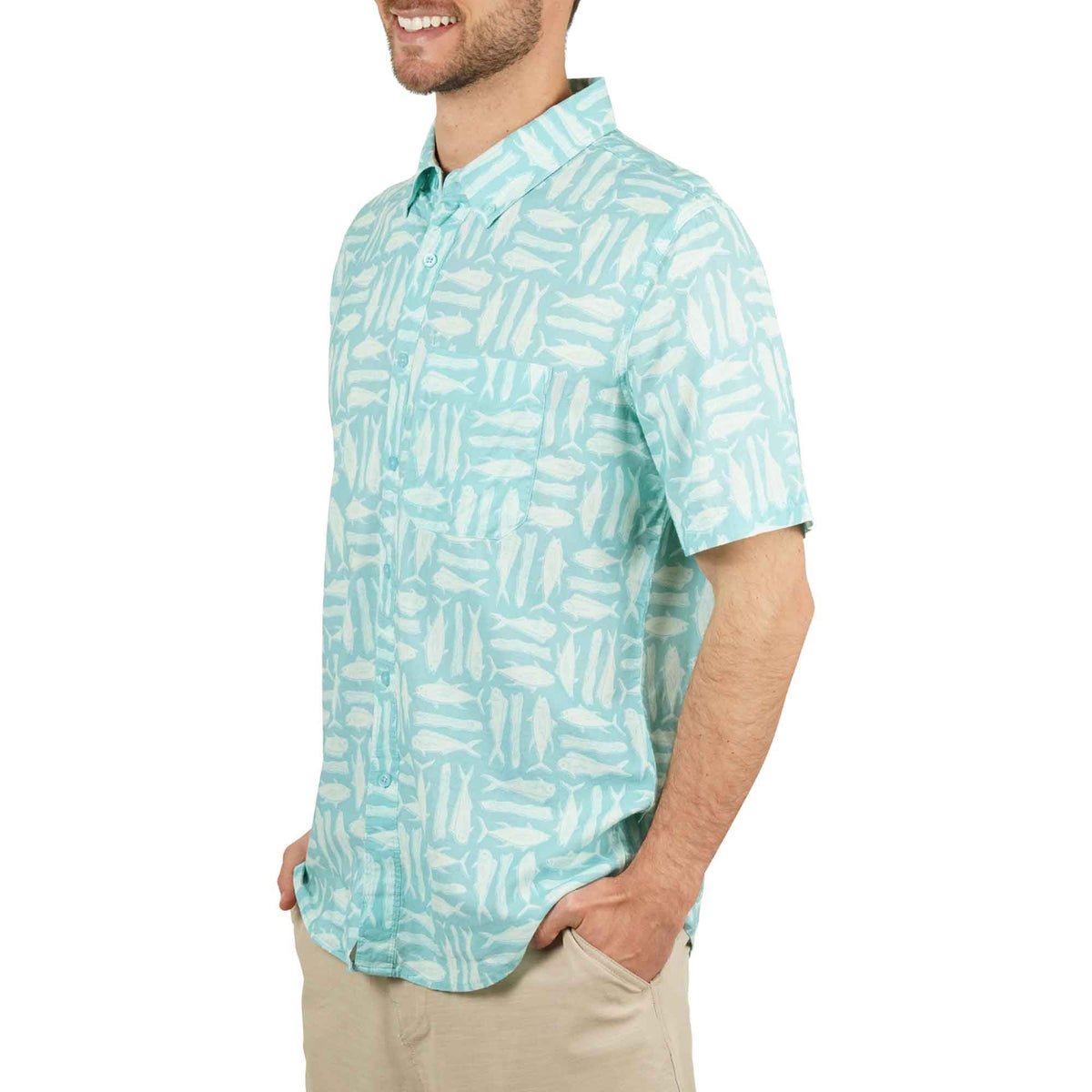 Pastel Turquoise Boatbar SS Button Down Fishing Shirt / AFTCO Sale
